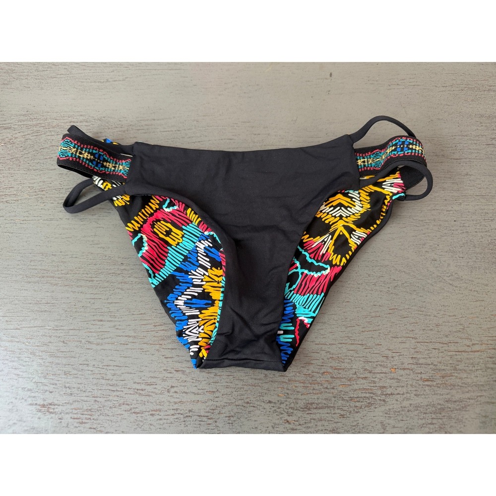 L Space Bikini Bottom XS Black Multicolor Tribal Geometric Strappy Side Swimwear